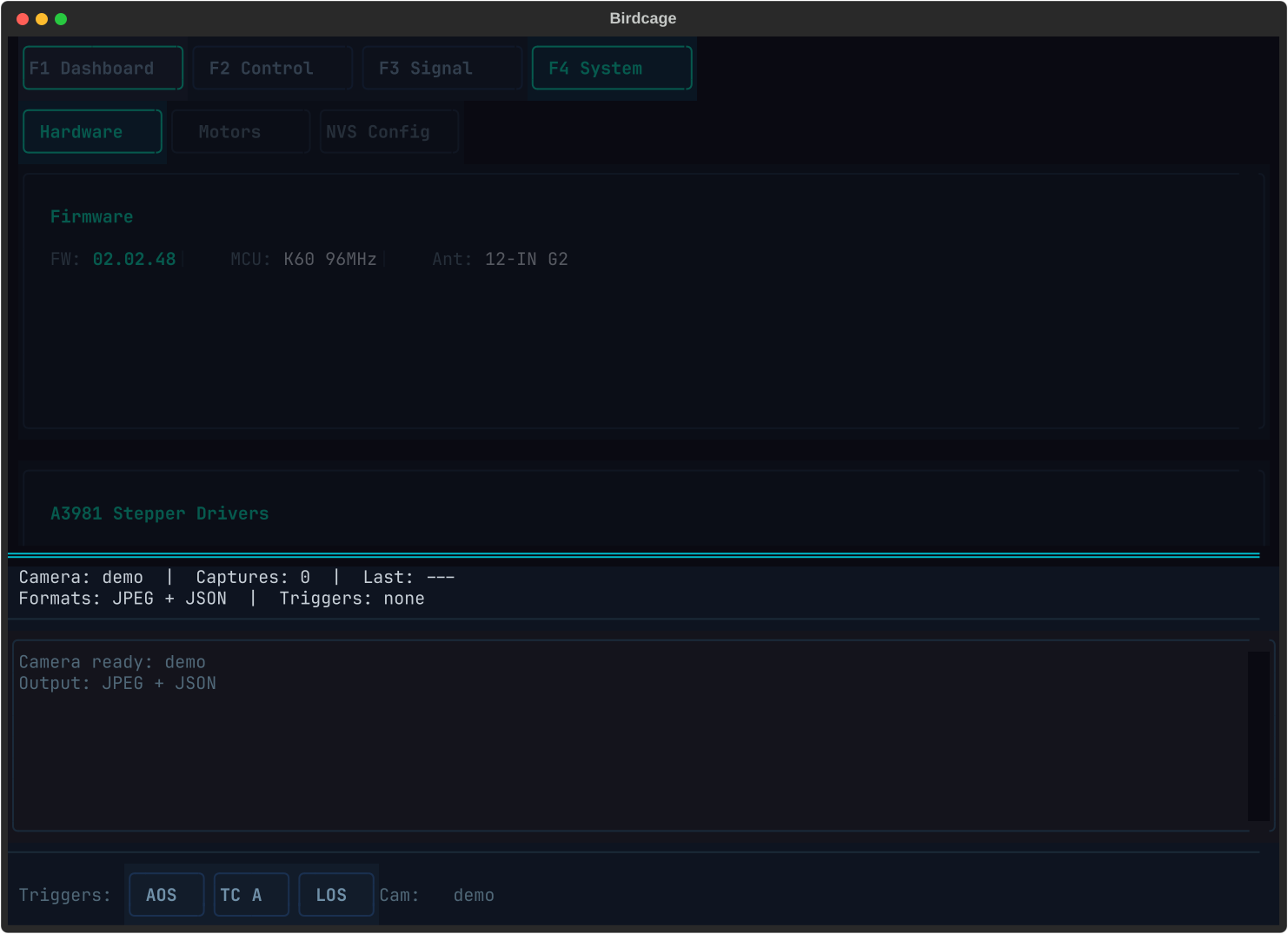 Birdcage TUI Camera overlay showing capture status, output format, and pass-event trigger buttons