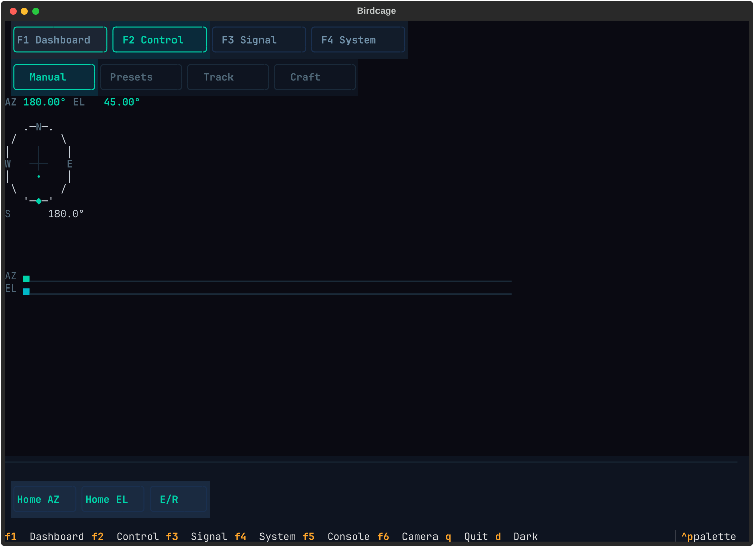 Birdcage TUI Control screen showing compass rose, step size selector, and manual controls