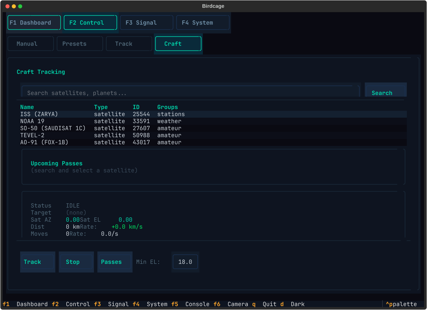Birdcage TUI Craft mode showing search results for satellites and celestial bodies