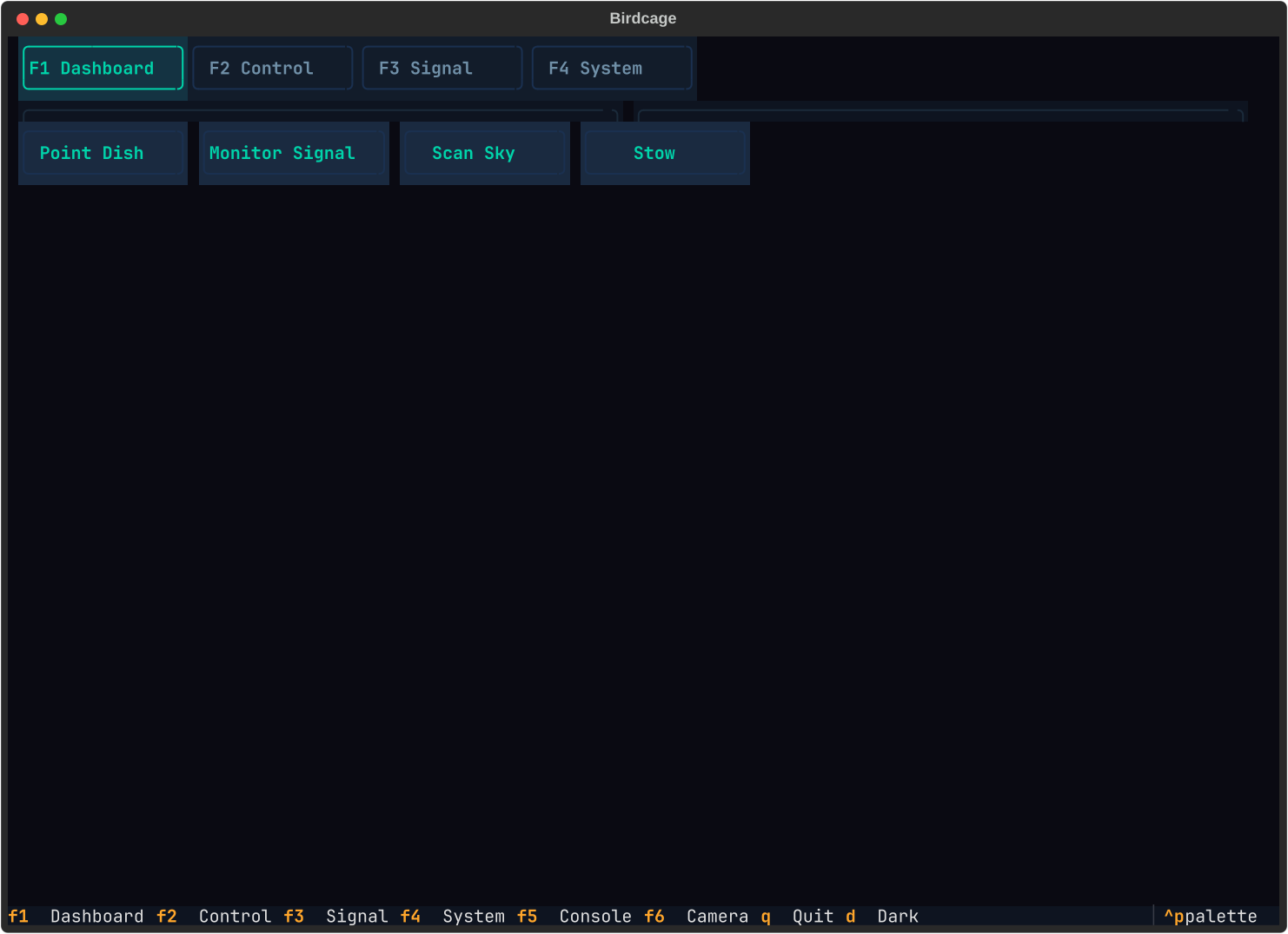 Birdcage TUI Dashboard screen showing action cards for dish operations