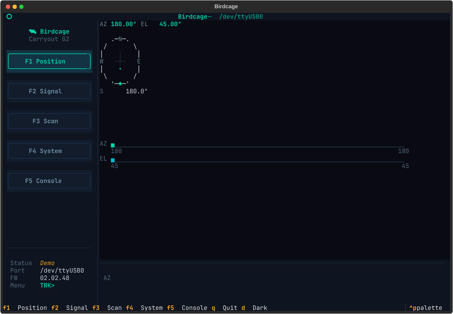 Birdcage TUI Position screen showing compass rose, AZ/EL readout, and sparkline history