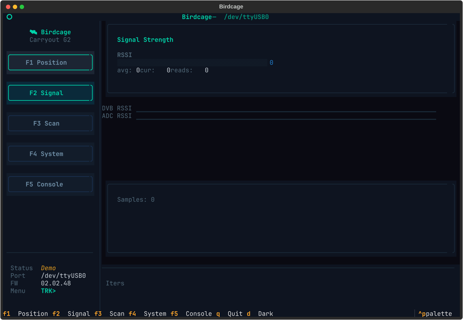 Birdcage TUI Signal screen showing RSSI gauge, DVB and ADC sparklines