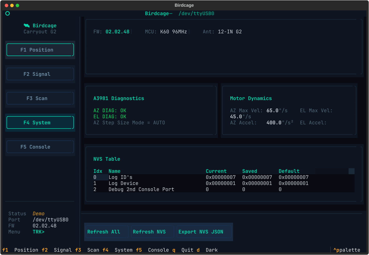 Birdcage TUI System screen showing firmware ID, A3981 diagnostics, motor dynamics, and NVS table